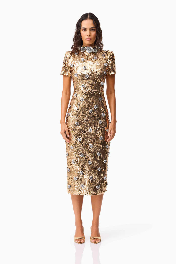 NOELLE SEQUIN SHORT SLEEVE MIDI DRESS IN GOLD