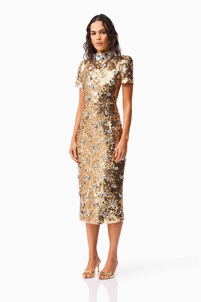 NOELLE SEQUIN SHORT SLEEVE MIDI DRESS IN GOLD