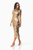 NOELLE SEQUIN SHORT SLEEVE MIDI DRESS IN GOLD
