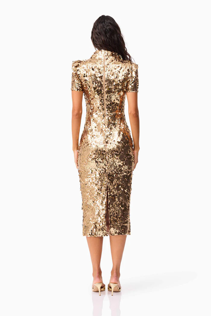 NOELLE SEQUIN SHORT SLEEVE MIDI DRESS IN GOLD