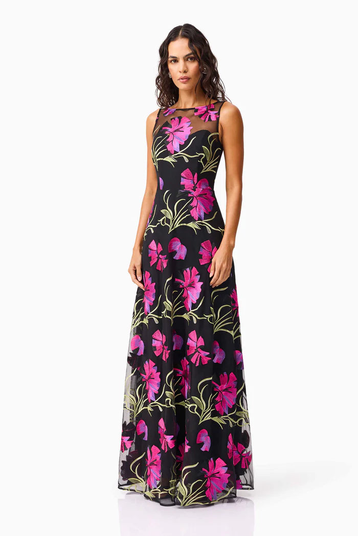 AMAYA GOWN IN BLACK AND PINK FLORAL