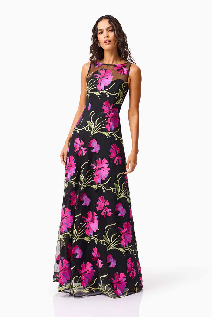 AMAYA GOWN IN BLACK AND PINK FLORAL