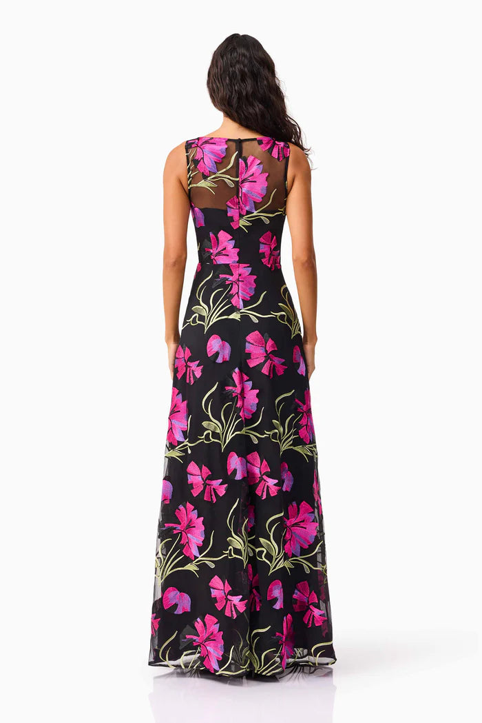 AMAYA GOWN IN BLACK AND PINK FLORAL