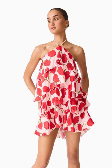 MELIA HALTER MINI DRESS IN RED AND PINK FLORAL