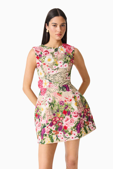 FLORA TULIP MINI DRESS IN PINK AND GREEN FLORAL