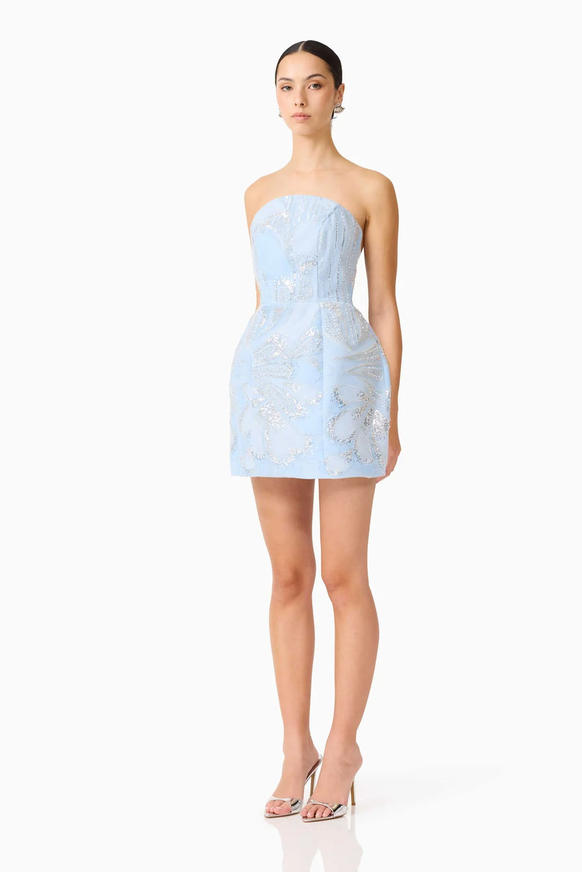 ANABELLE EMBELLISHED STRAPLESS MINI DRESS IN BLUE