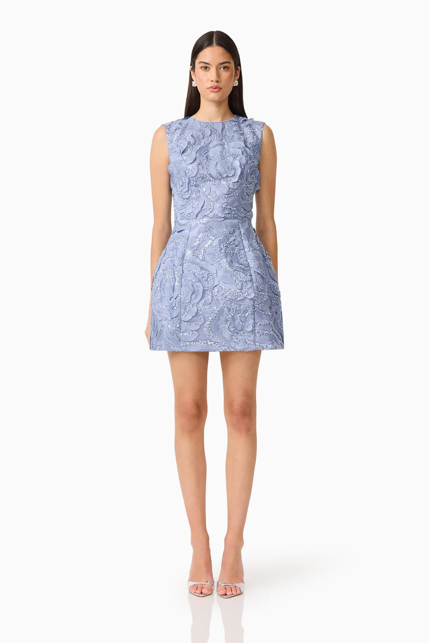 ELISA TULIP MINI DRESS IN STEEL BLUE