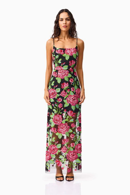 LYRA SEQUIN GOWN IN PINK AND GREEN FLORAL