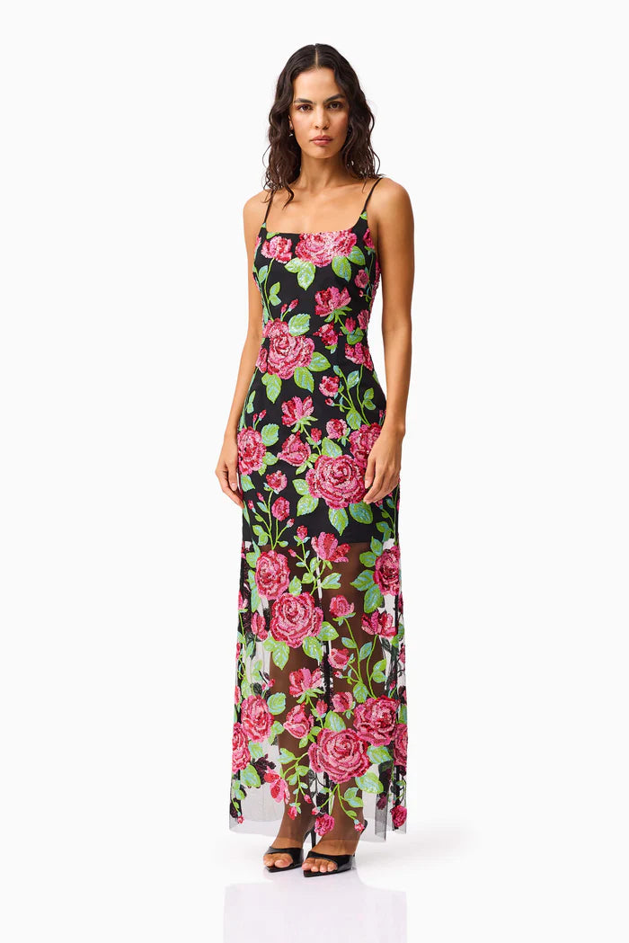 LYRA SEQUIN GOWN IN PINK AND GREEN FLORAL
