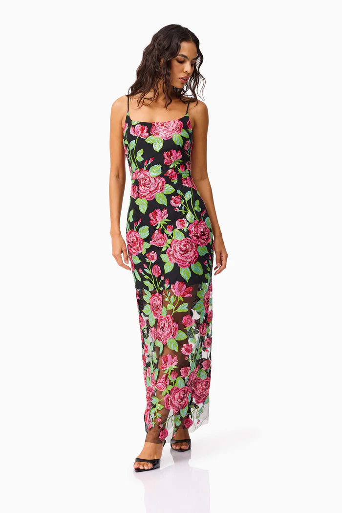 LYRA SEQUIN GOWN IN PINK AND GREEN FLORAL
