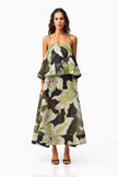 ELYSIA TIERED GOWN IN BLACK AND GREEN FLORAL