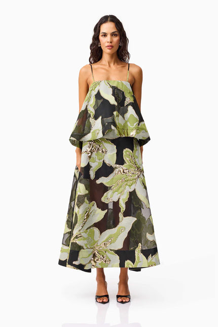 ELYSIA TIERED GOWN IN BLACK AND GREEN FLORAL