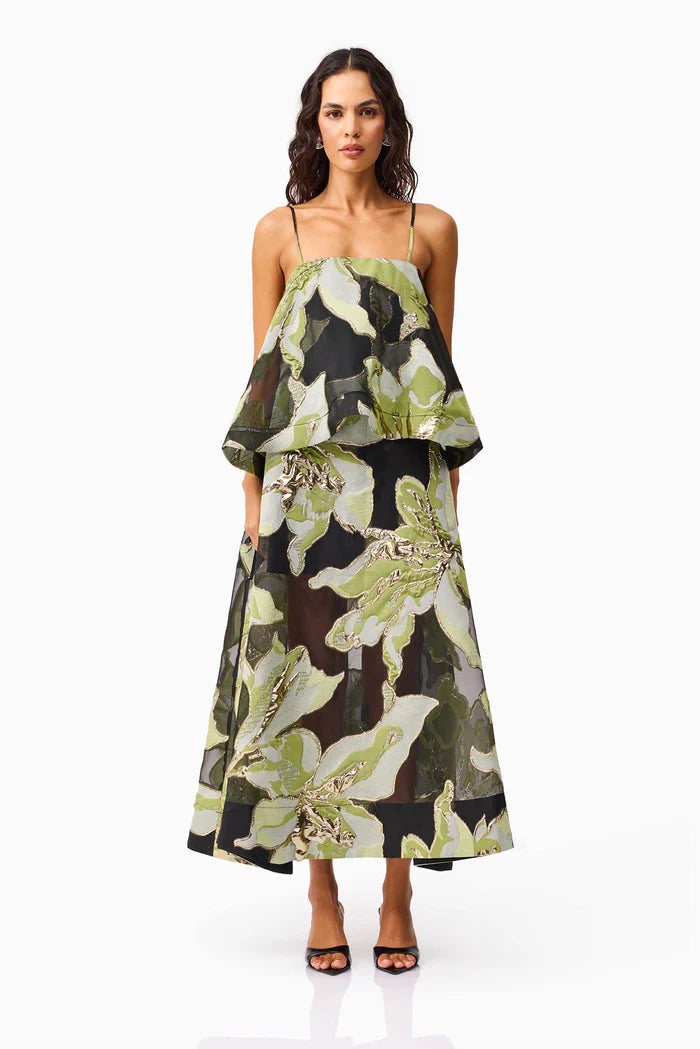 ELYSIA TIERED GOWN IN BLACK AND GREEN FLORAL