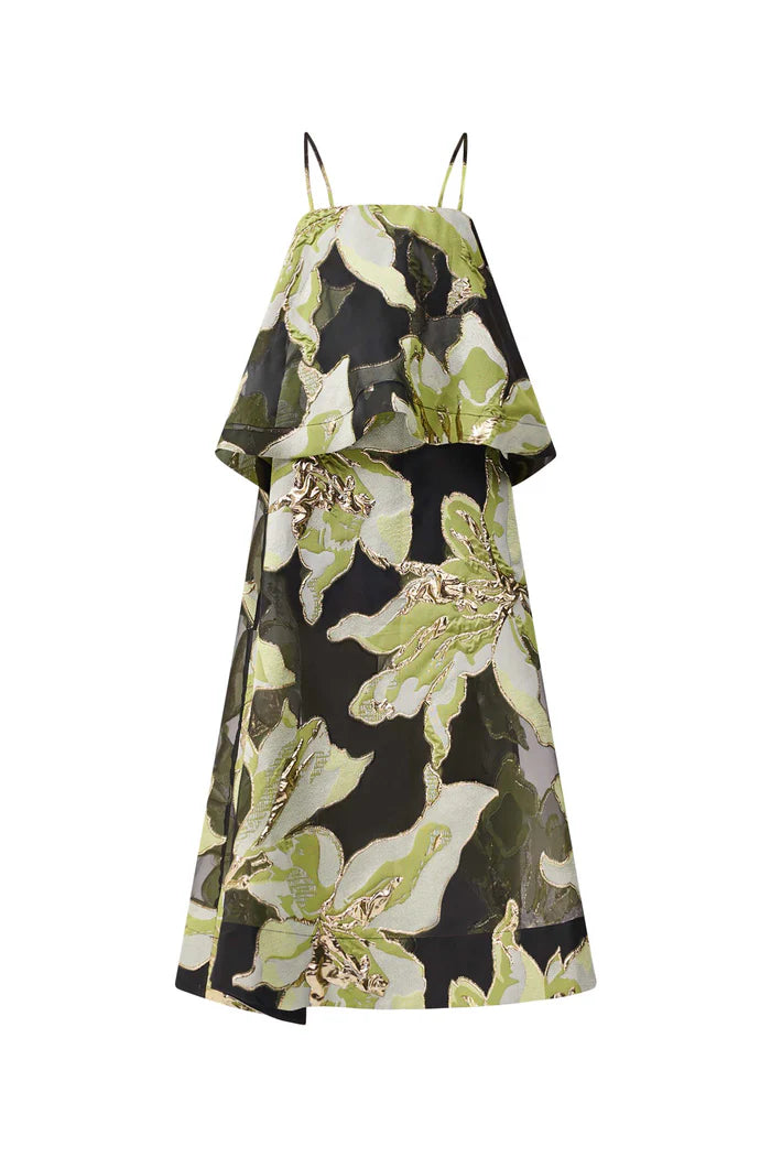 ELYSIA TIERED GOWN IN BLACK AND GREEN FLORAL