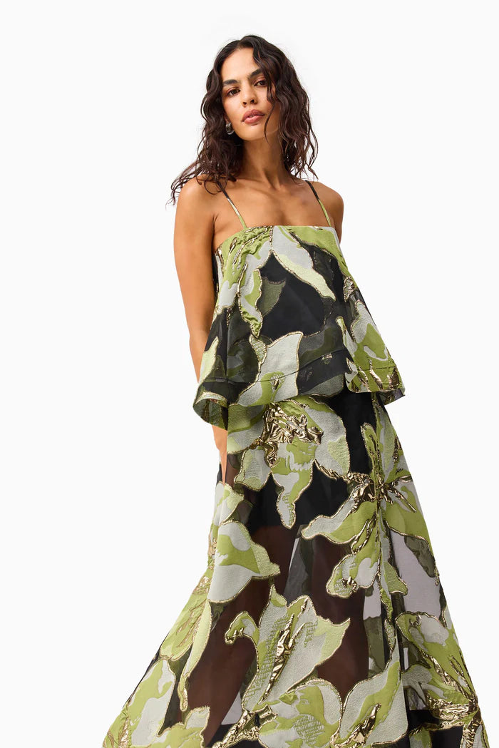 ELYSIA TIERED GOWN IN BLACK AND GREEN FLORAL