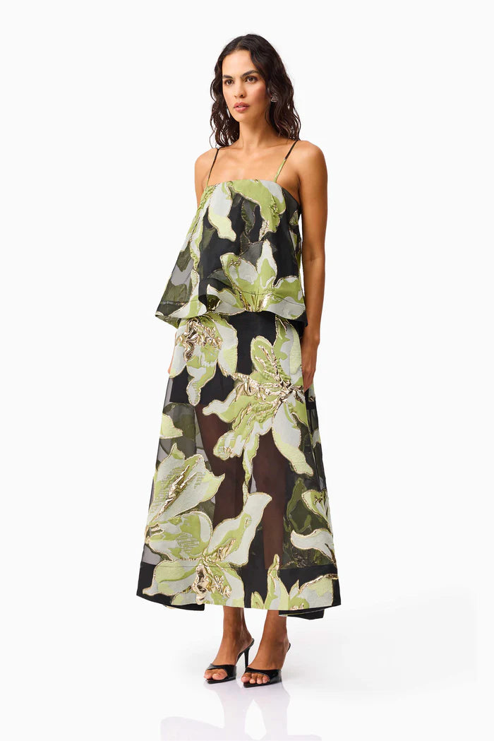 ELYSIA TIERED GOWN IN BLACK AND GREEN FLORAL