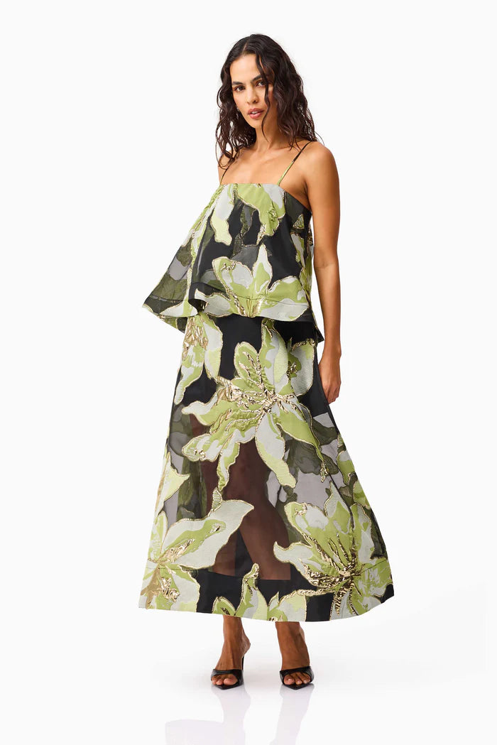 ELYSIA TIERED GOWN IN BLACK AND GREEN FLORAL