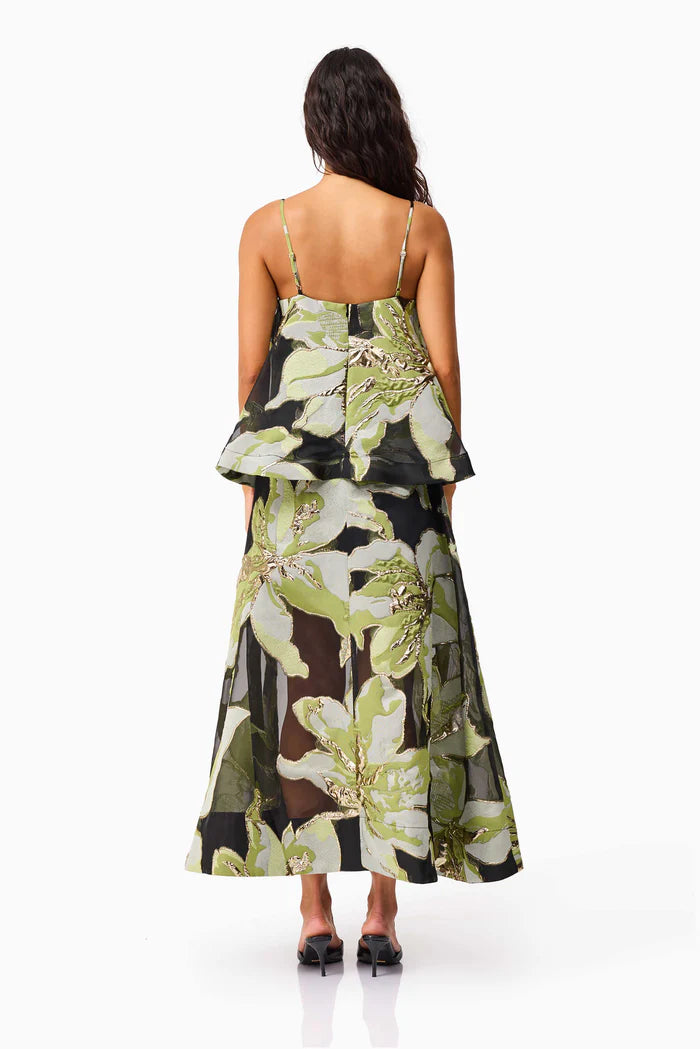 ELYSIA TIERED GOWN IN BLACK AND GREEN FLORAL