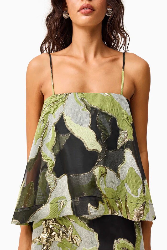 ELYSIA TIERED GOWN IN BLACK AND GREEN FLORAL