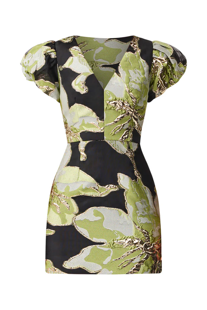 ELYSIA CAP SLEEVE MINI DRESS IN BLACK AND GREEN FLORAL