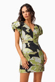 ELYSIA CAP SLEEVE MINI DRESS IN BLACK AND GREEN FLORAL