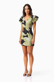 ELYSIA CAP SLEEVE MINI DRESS IN BLACK AND GREEN FLORAL