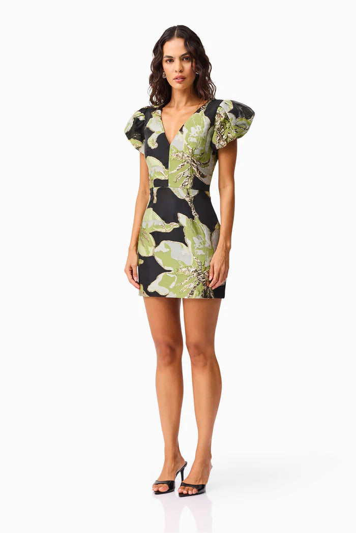ELYSIA CAP SLEEVE MINI DRESS IN BLACK AND GREEN FLORAL