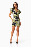 ELYSIA CAP SLEEVE MINI DRESS IN BLACK AND GREEN FLORAL