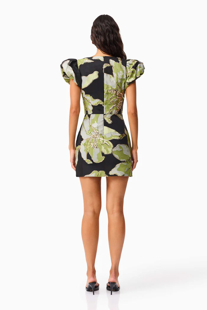ELYSIA CAP SLEEVE MINI DRESS IN BLACK AND GREEN FLORAL