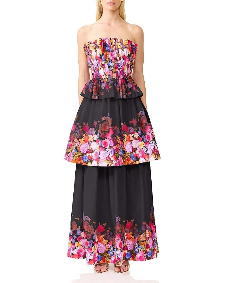 ALICE TIERED GOWN IN BLACK MULTI