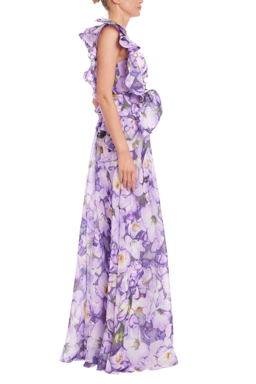 RUFFLE ONE SHOULDER FLORAL GOWN