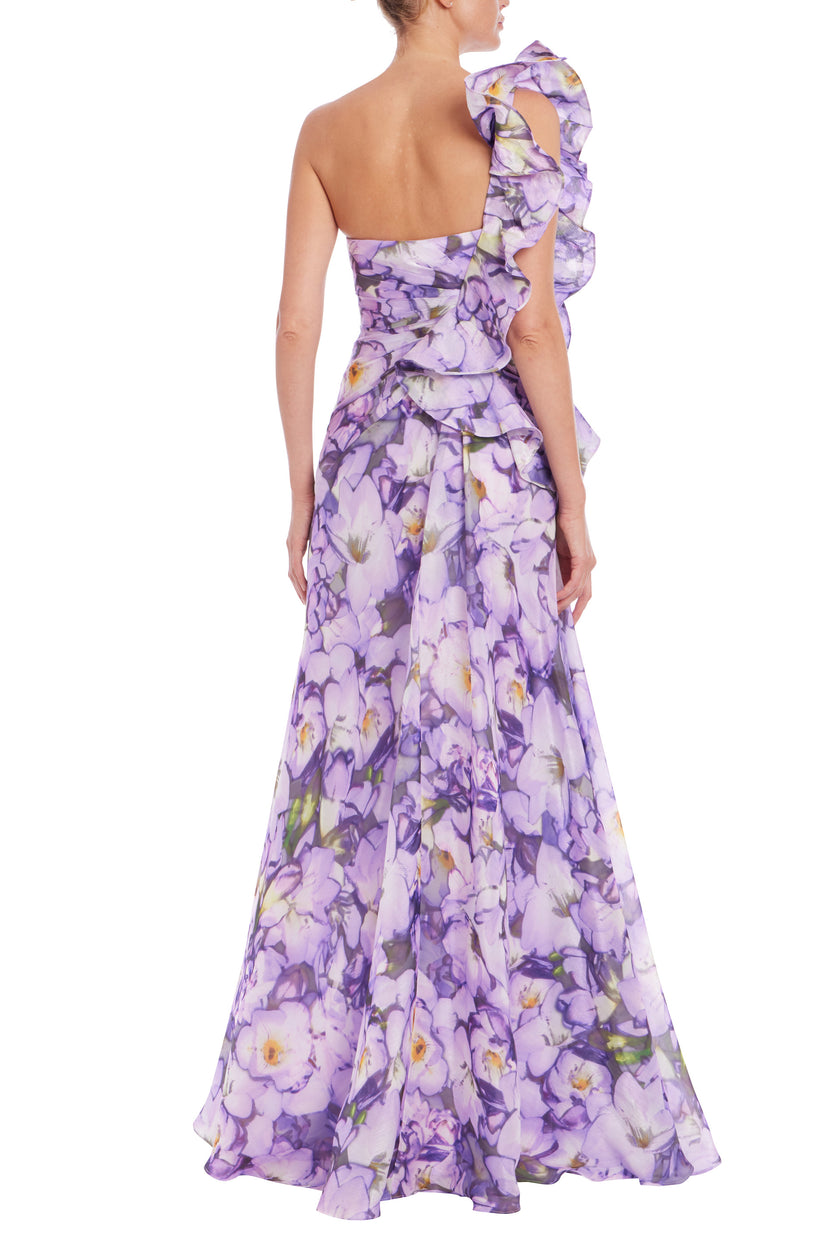 RUFFLE ONE SHOULDER FLORAL GOWN