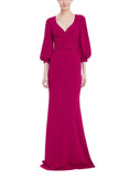 BELTED COLUMN GOWN WITH PUFF SLEEVES