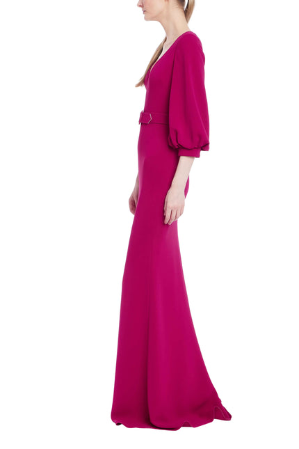 BELTED COLUMN GOWN WITH PUFF SLEEVES