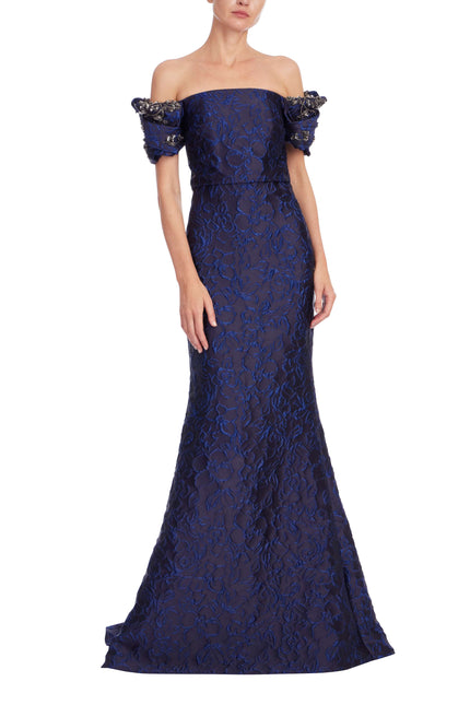BEADED OFF SHOULDER JACQUARD MERMAID GOWN