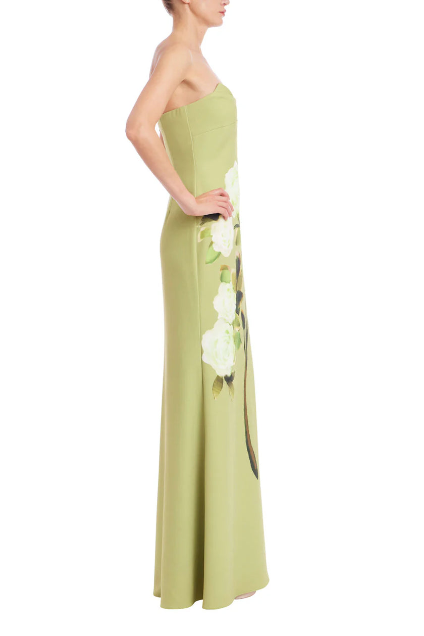 STRAPLESS FLORAL PRINT COLUMN GOWN