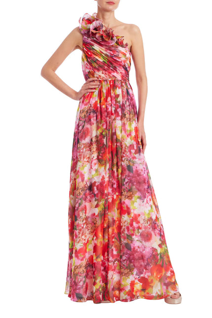 ONE SHOULDER RUFFLE FLORAL PRINT GOWN