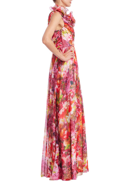 ONE SHOULDER RUFFLE FLORAL PRINT GOWN