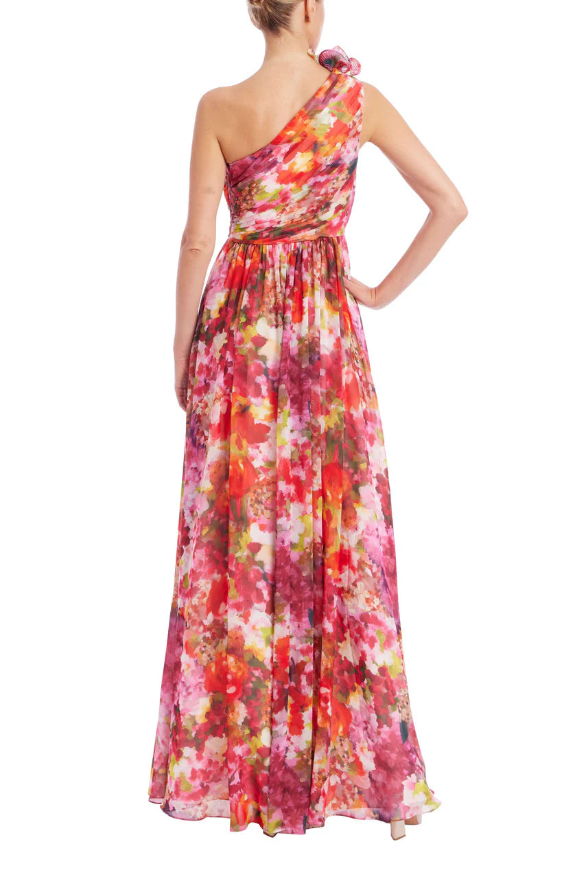 ONE SHOULDER RUFFLE FLORAL PRINT GOWN