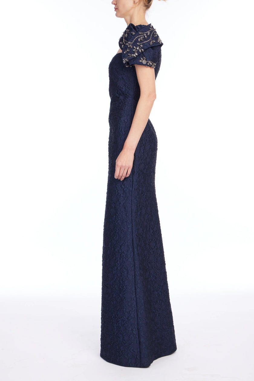 KNOT SLEEVE JACQUARD MERMAID GOWN