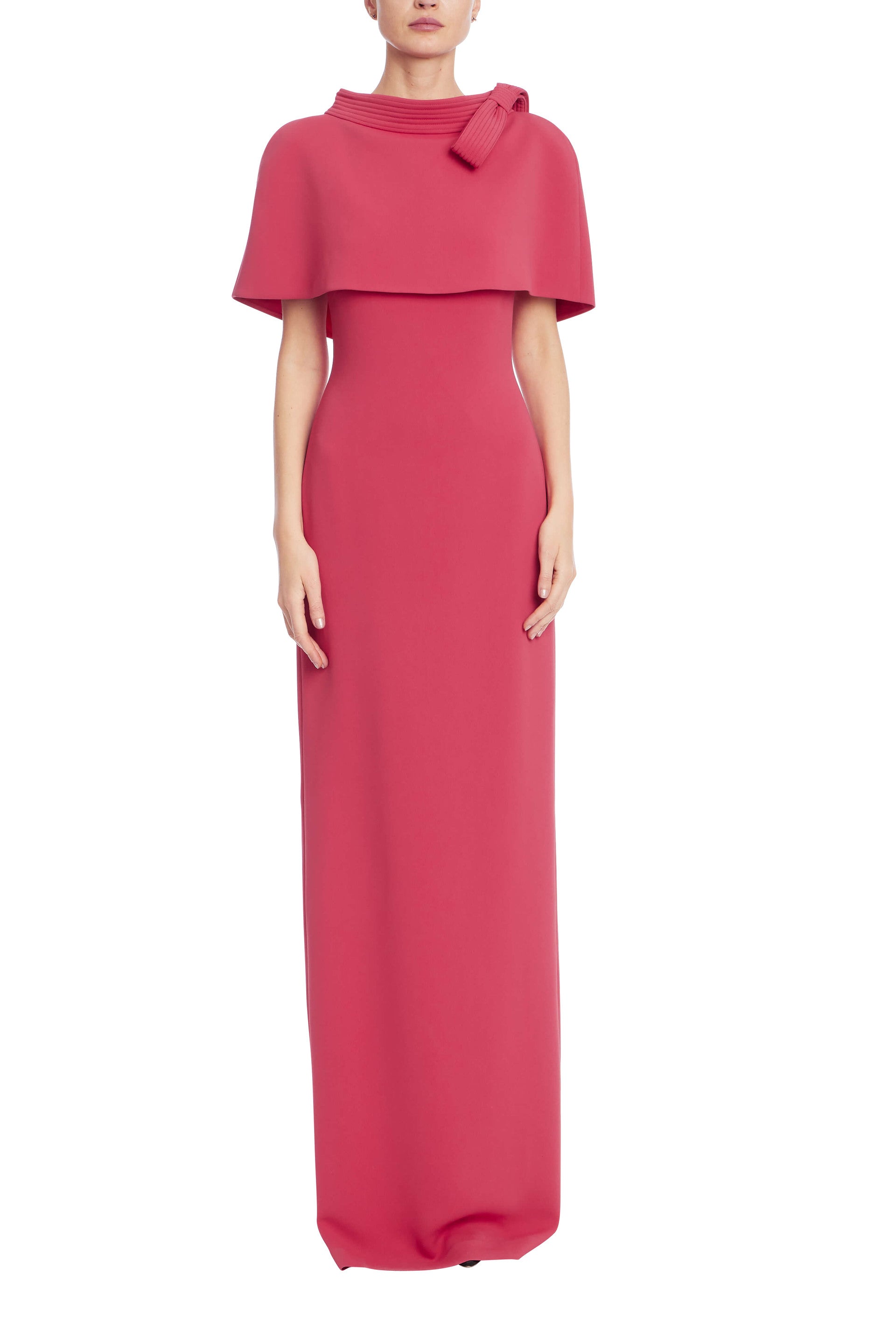 CAPELET AND BOW ACCENT COLUMN EVENING DRESS