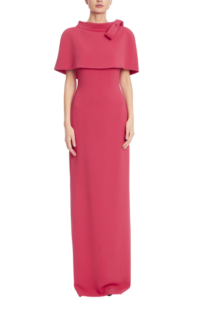 CAPELET AND BOW ACCENT COLUMN EVENING DRESS
