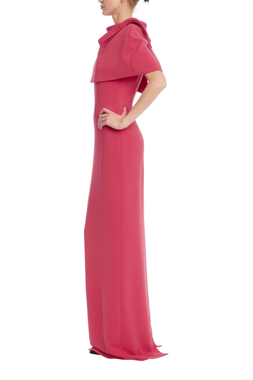 CAPELET AND BOW ACCENT COLUMN EVENING DRESS