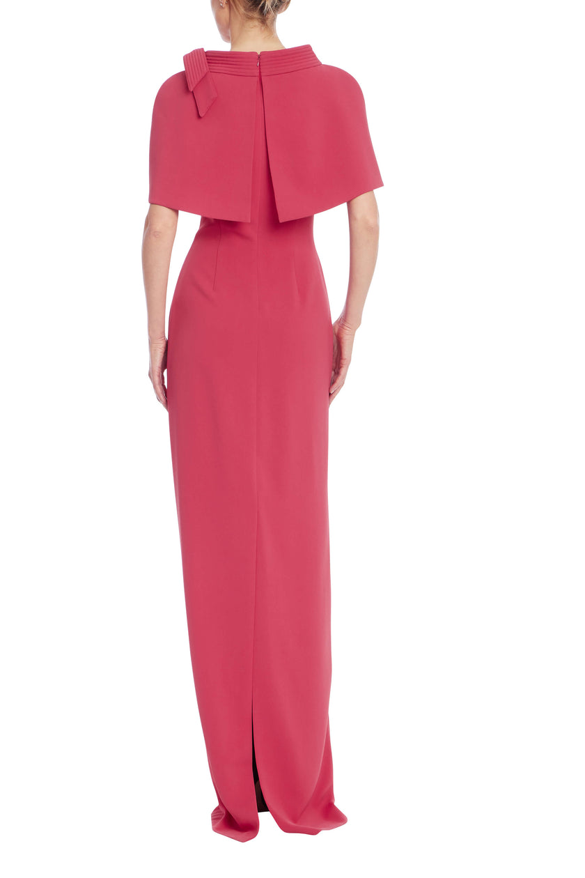 CAPELET AND BOW ACCENT COLUMN EVENING DRESS