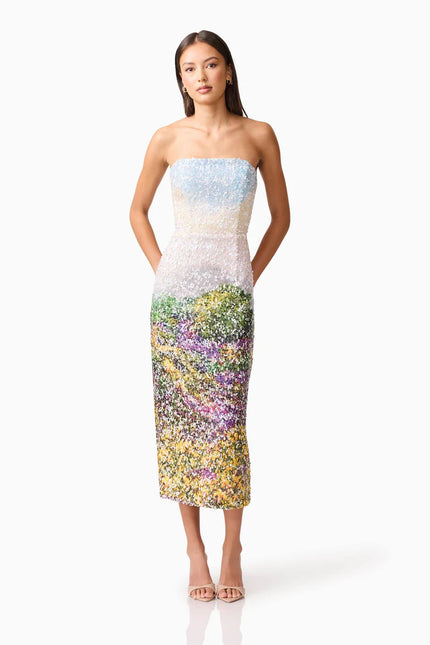 ARDEN STRAPLESS MIDI DRESS IN MULTI OMBRE
