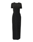 EMBROIDERED SHORT SLEEVE COLUMN GOWN WITH BACK BOW DETAIL
