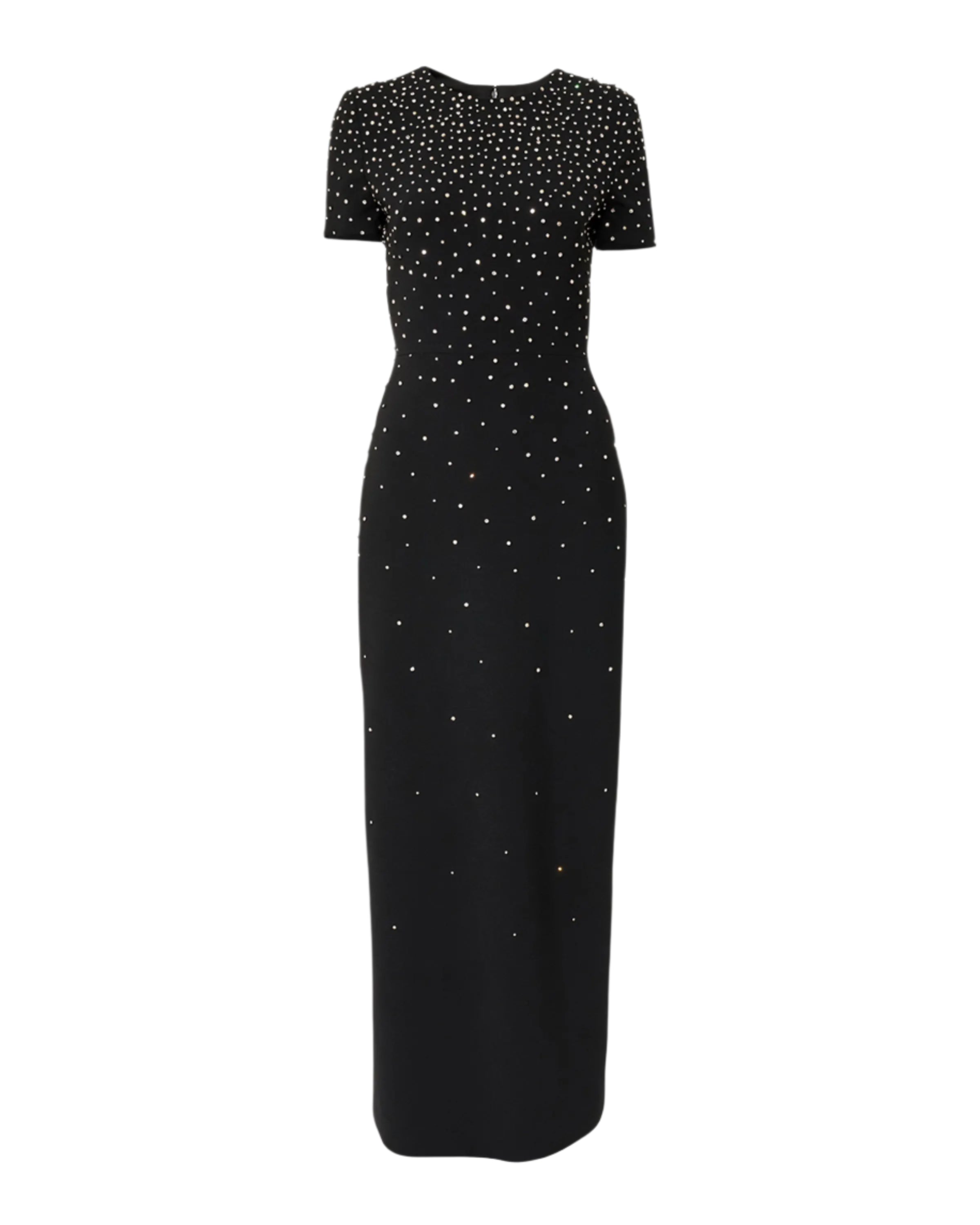 EMBROIDERED SHORT SLEEVE COLUMN GOWN WITH BACK BOW DETAIL