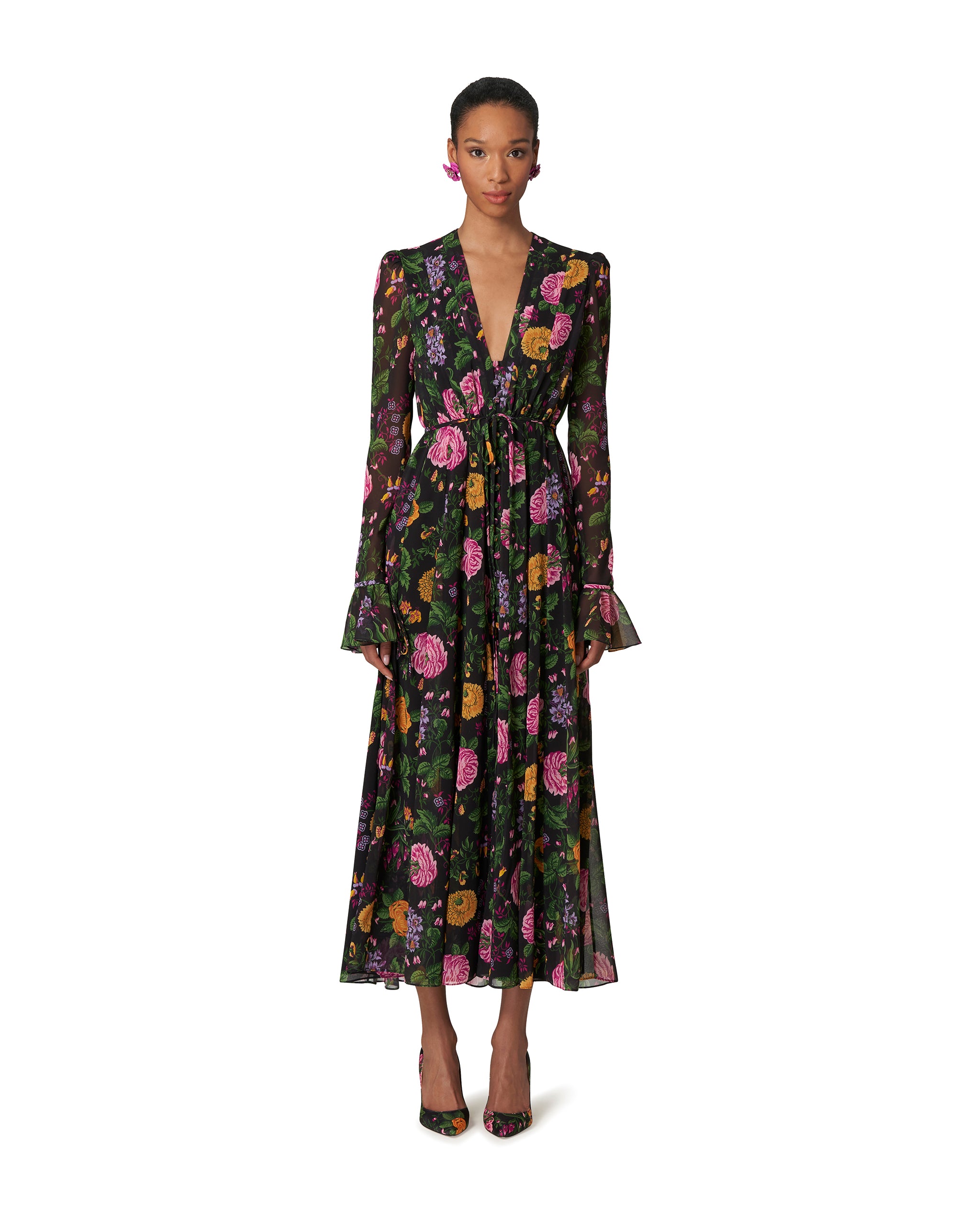FLORAL PRINT BUTTON FRONT MIDI DRESS
