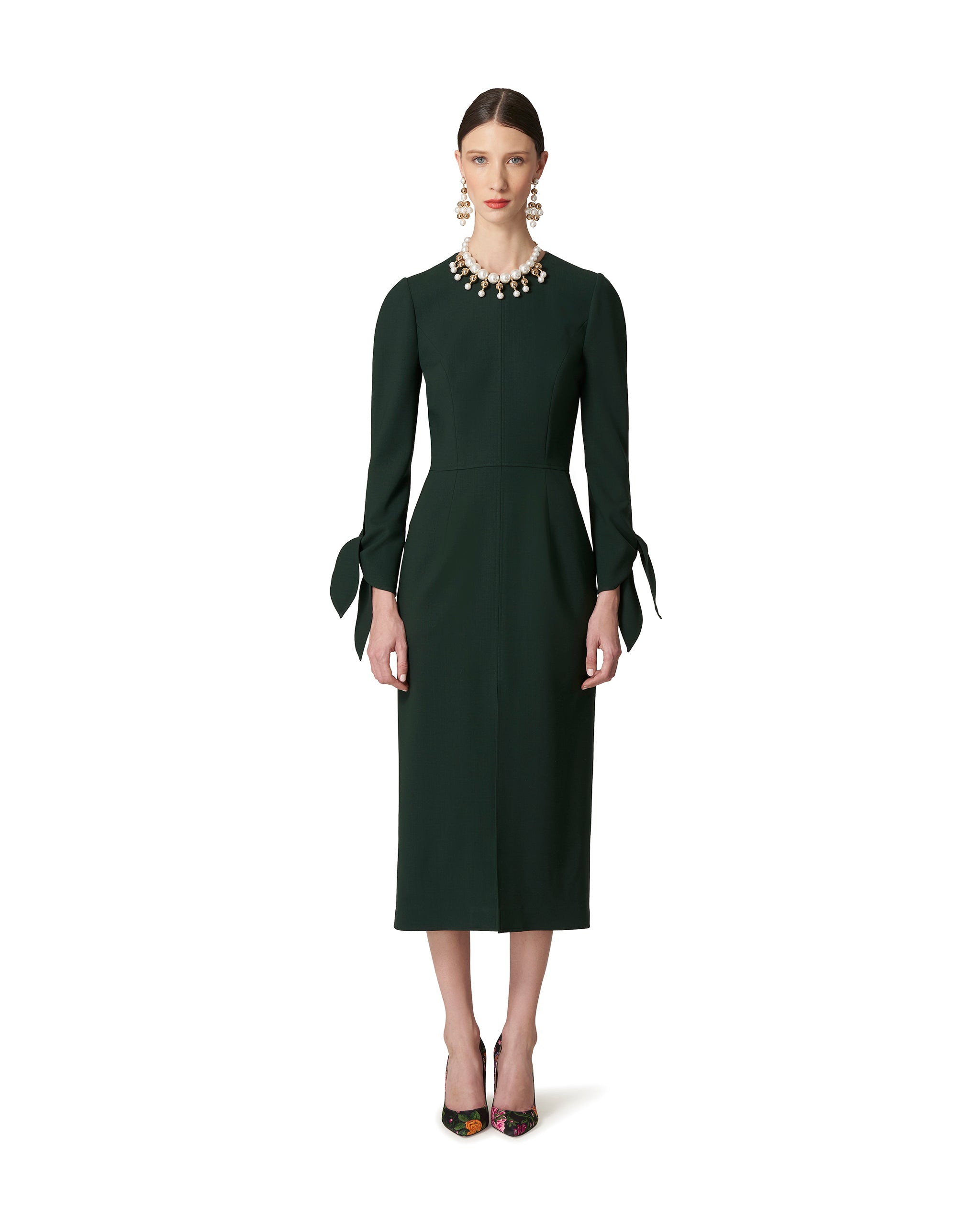SHEATH DRESS WITH FRONT SLIT AND BOW CUFF