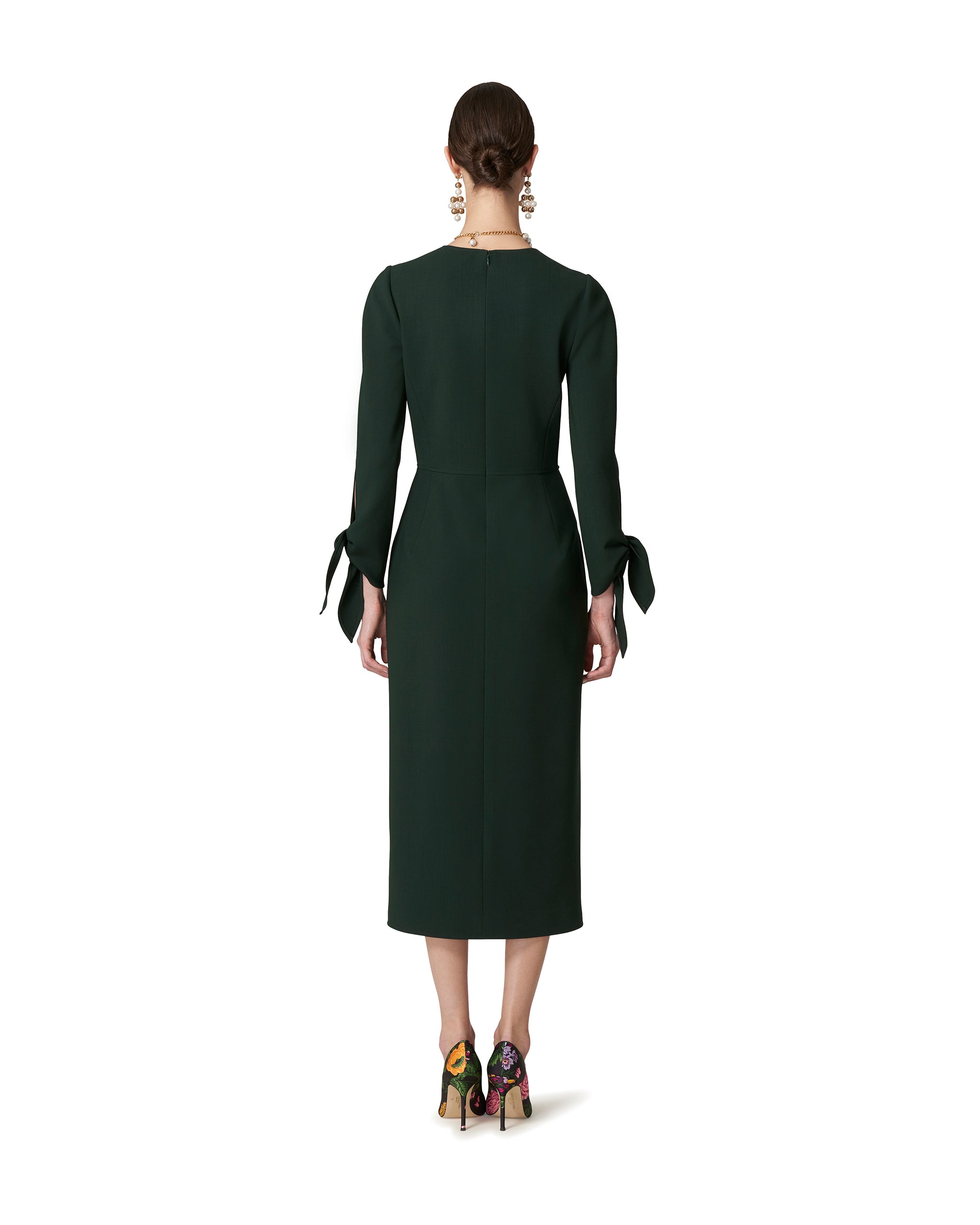 SHEATH DRESS WITH FRONT SLIT AND BOW CUFF